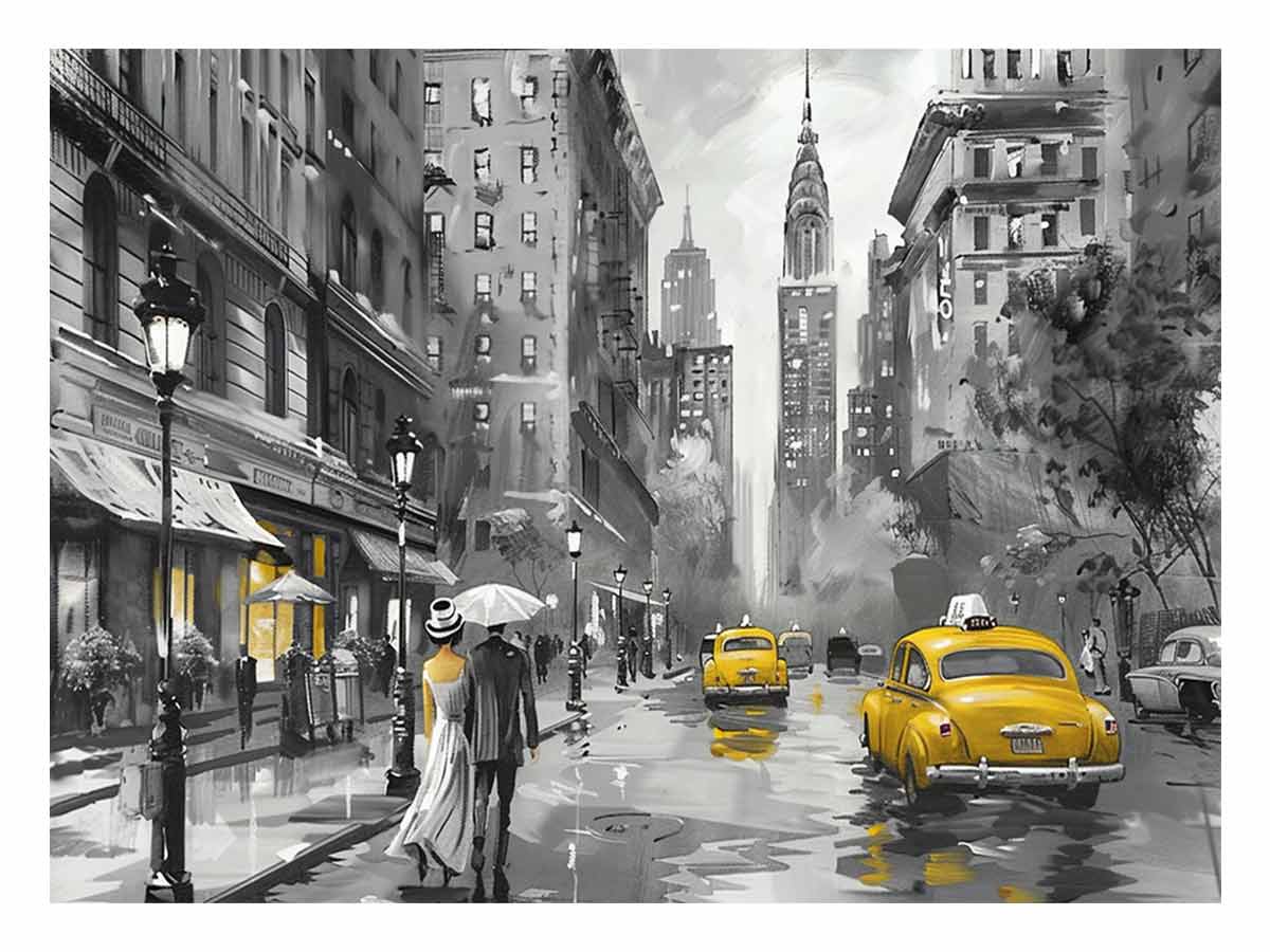 Rainy New York taxi canvas art with couple and umbrella for elegant living room decor.