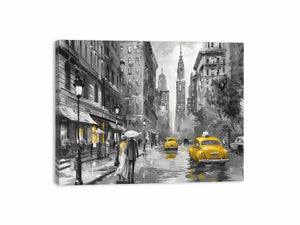 Rainy New York taxi canvas art with couple and umbrella for elegant living room decor.