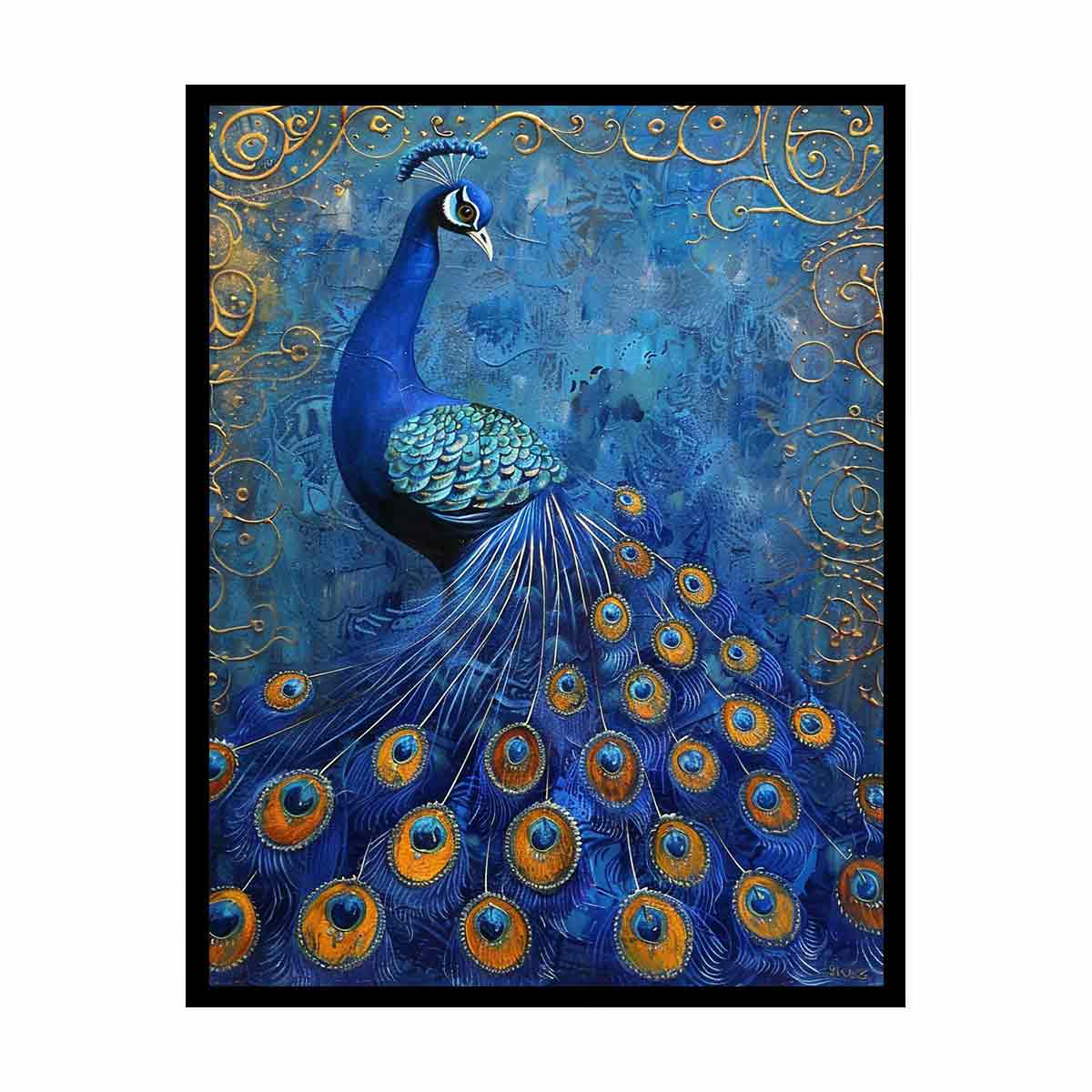 Blue peacock canvas print with gold details for luxury living room wall decor.