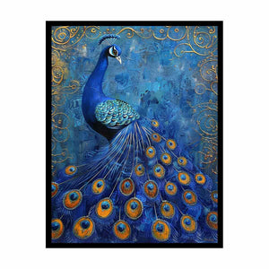Blue peacock canvas print with gold details for luxury living room wall decor.