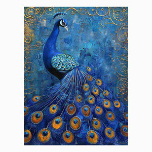 Blue peacock canvas print with gold details for luxury living room wall decor.