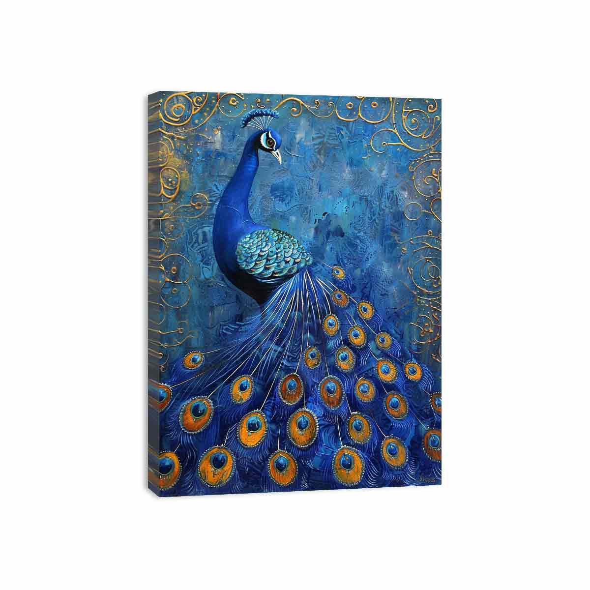 Blue peacock canvas print with gold details for luxury living room wall decor.