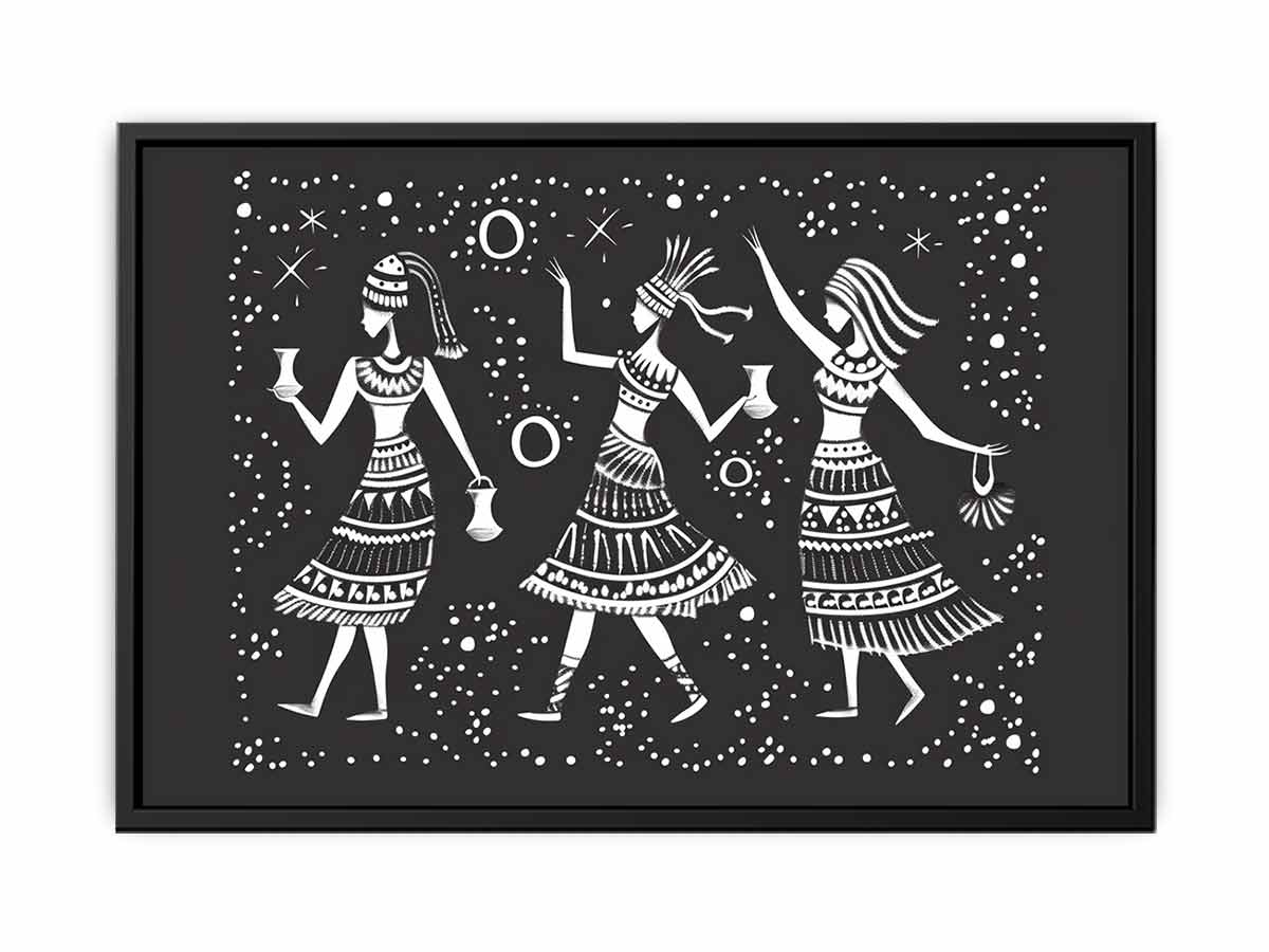 Black and white folk dance canvas print with three women and stars for bohemian bedroom decor.