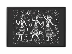 Black and white folk dance canvas print with three women and stars for bohemian bedroom decor.