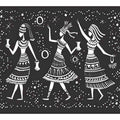 Black and white folk dance canvas print with three women and stars for bohemian bedroom decor.
