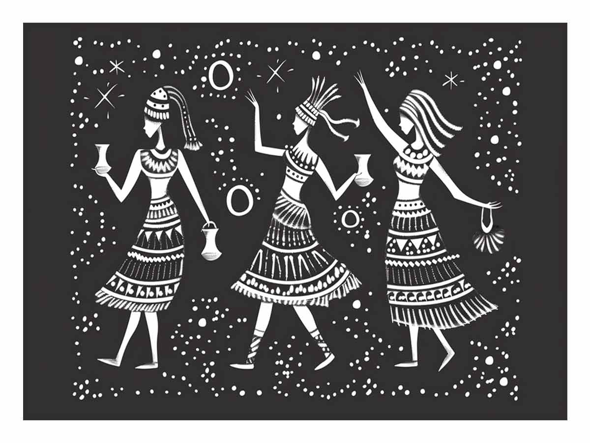 Black and white folk dance canvas print with three women and stars for bohemian bedroom decor.
