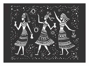 Black and white folk dance canvas print with three women and stars for bohemian bedroom decor.