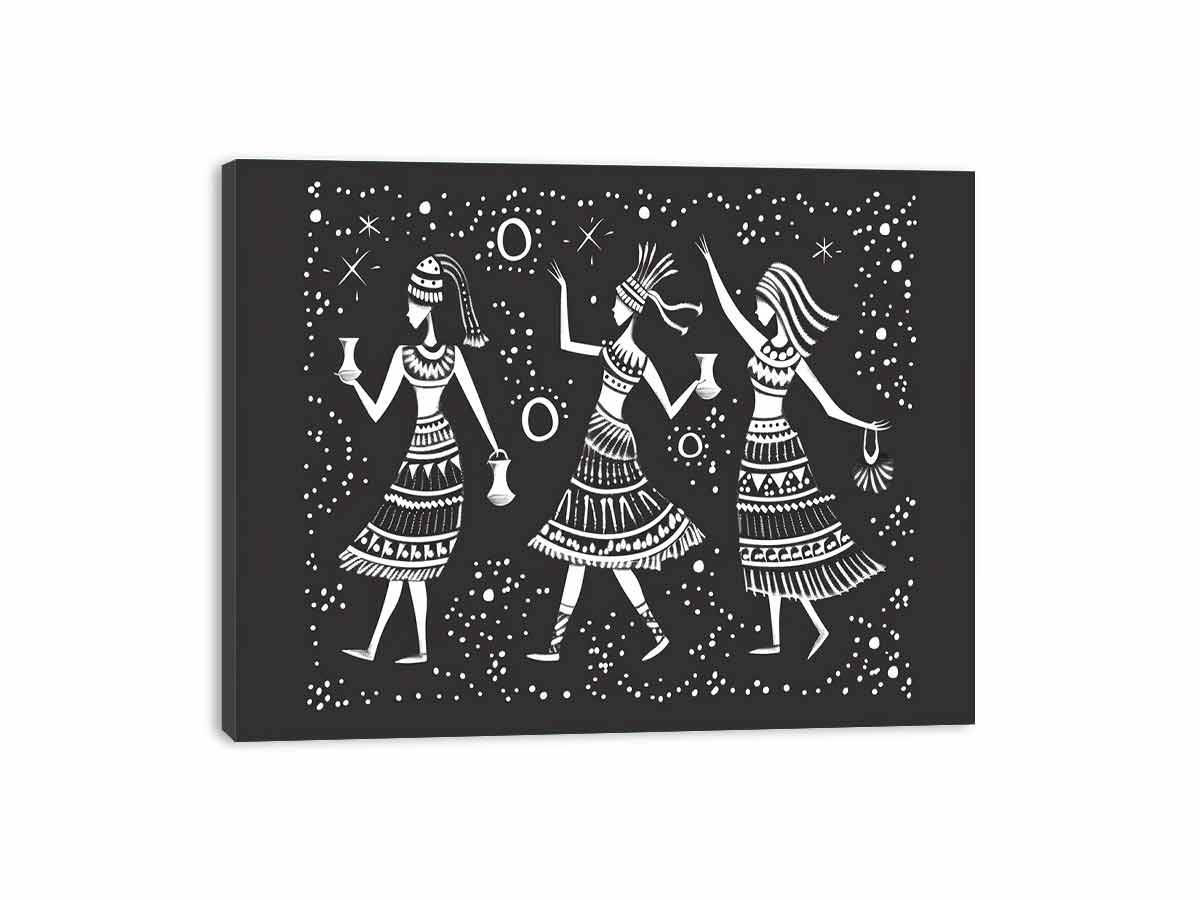 Black and white folk dance canvas print with three women and stars for bohemian bedroom decor.