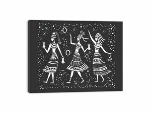 Black and white folk dance canvas print with three women and stars for bohemian bedroom decor.