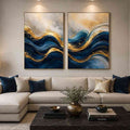  Gold Blue Abstract Waves Painting Set