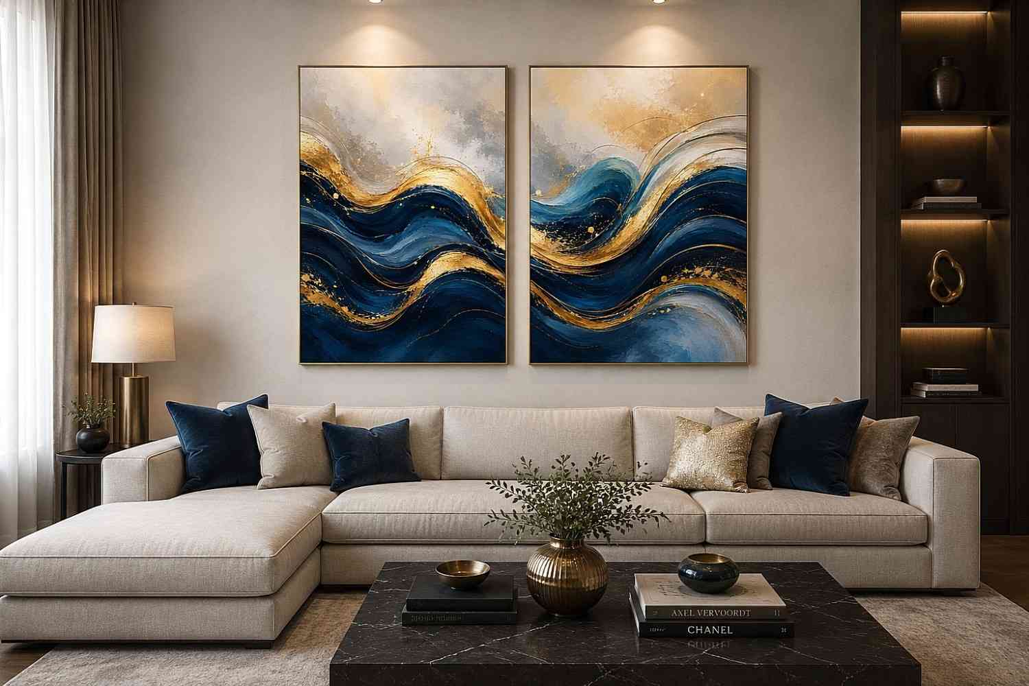  Gold Blue Abstract Waves Painting Set