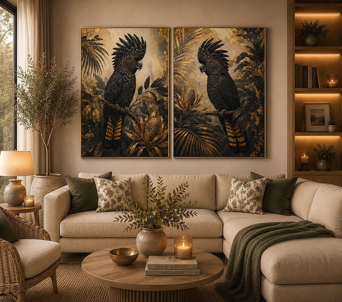 Black Cockatoo Botanical Diptych Wall Art 2 Piece Art Set
