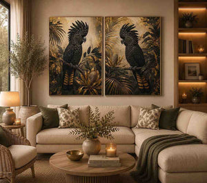 Black Cockatoo Botanical Diptych Wall Art 2 Piece Art Set