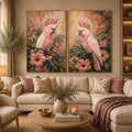 Pink Cockatoo Tropical Floral Diptych Wall Art 2 Piece Art Set