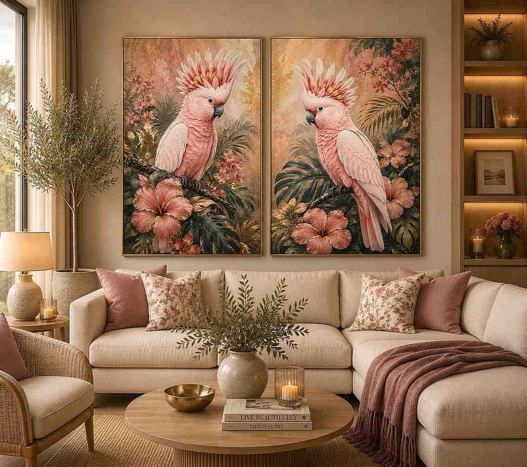 Pink Cockatoo Tropical Floral Diptych Wall Art 2 Piece Art Set