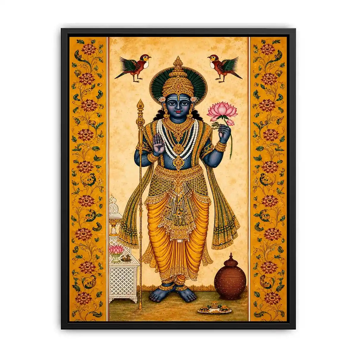 Traditional Hindu god Canvas Print with lotus and golden details in spiritual decorative style