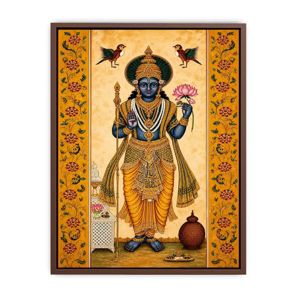 Traditional Hindu god Canvas Print with lotus and golden details in spiritual decorative style