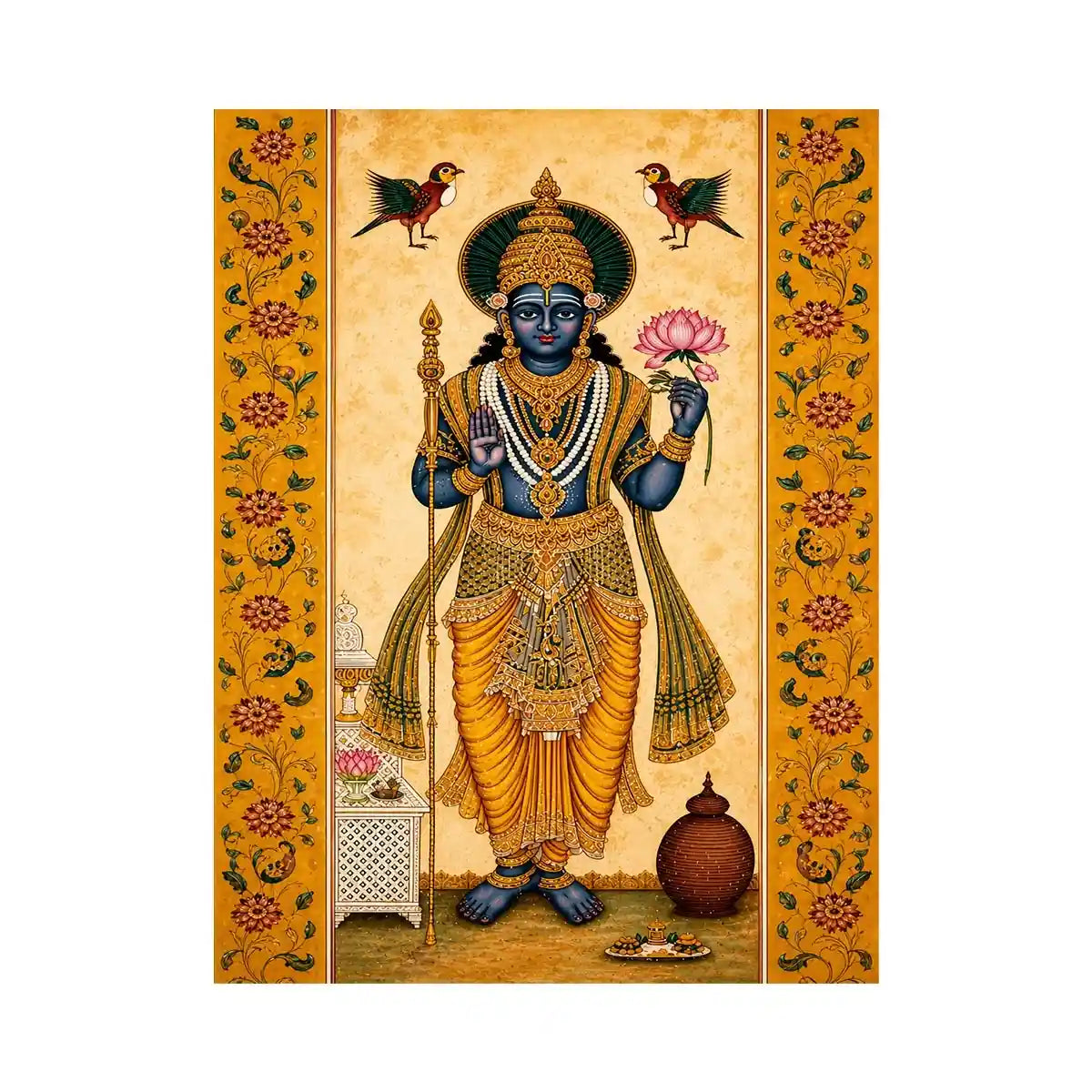 Traditional Hindu god Canvas Print with lotus and golden details in spiritual decorative style