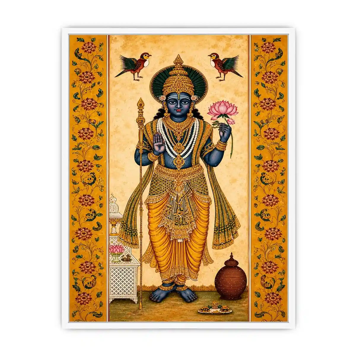 Traditional Hindu god Canvas Print with lotus and golden details in spiritual decorative style
