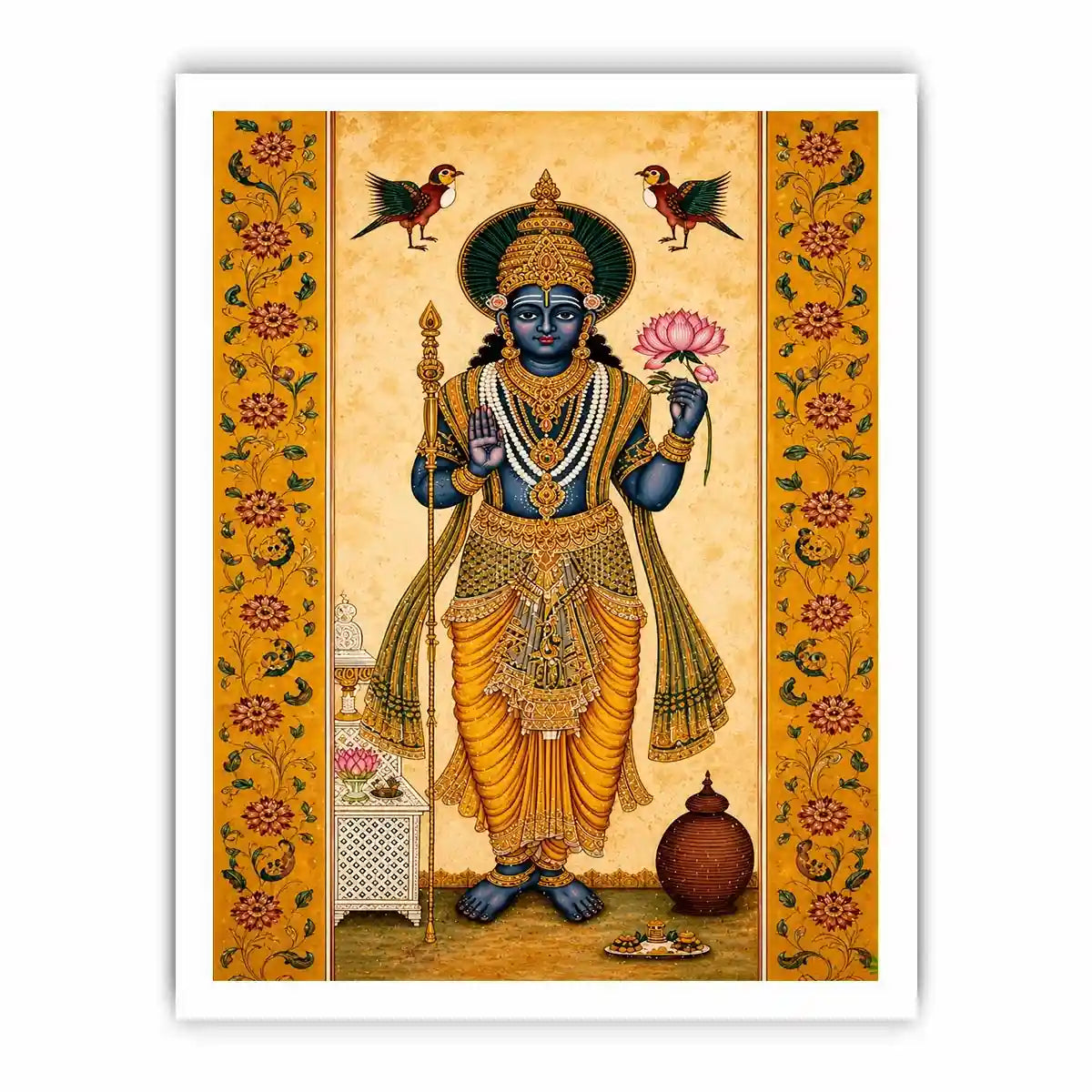 Traditional Hindu god Canvas Print with lotus and golden details in spiritual decorative style