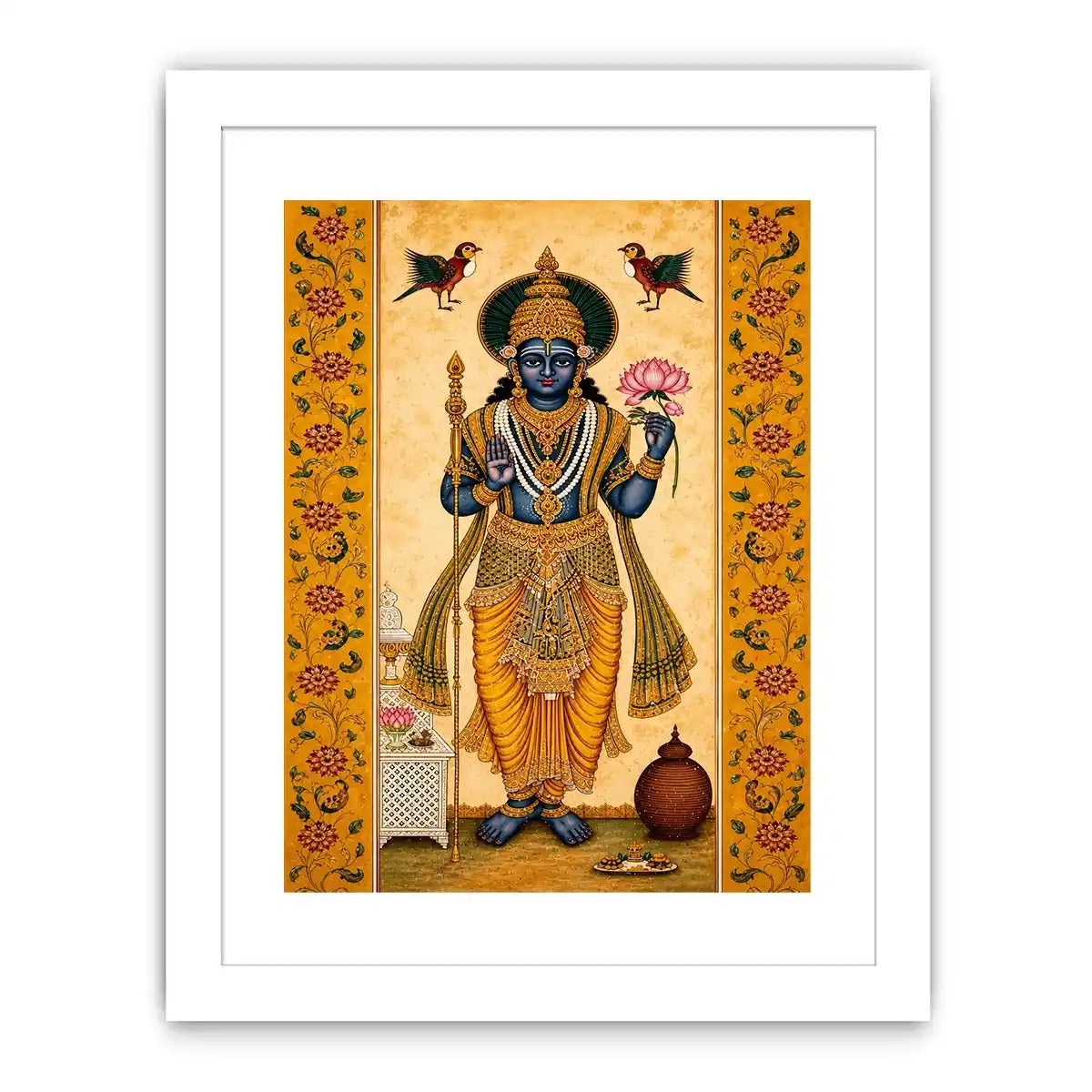 Traditional Hindu god Canvas Print with lotus and golden details in spiritual decorative style