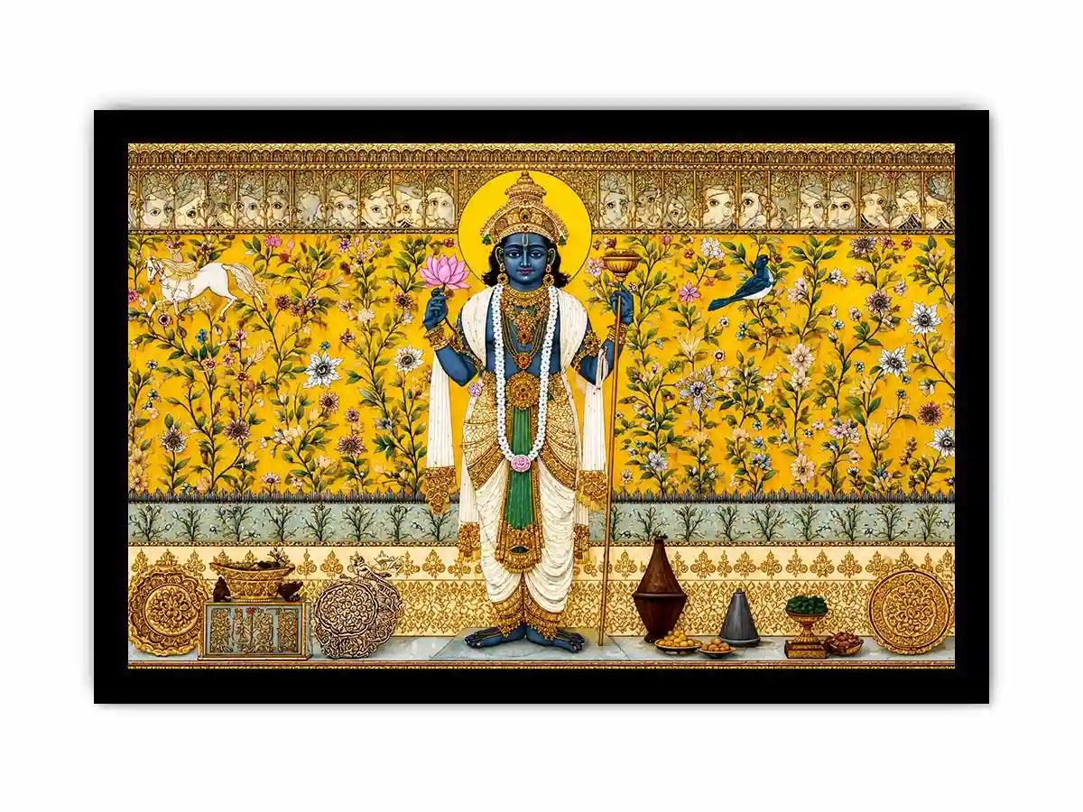 Traditional Hindu deity Canvas Print with lotus and floral gold detailing