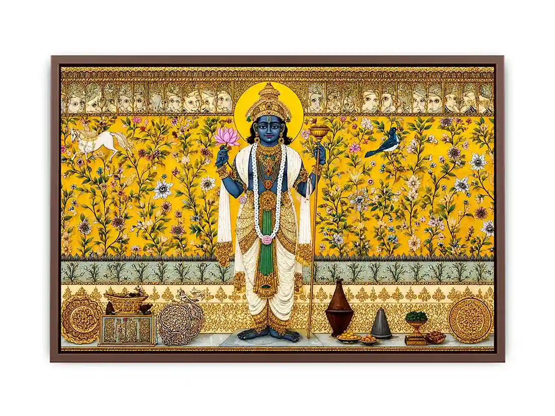 Traditional Hindu deity Canvas Print with lotus and floral gold detailing