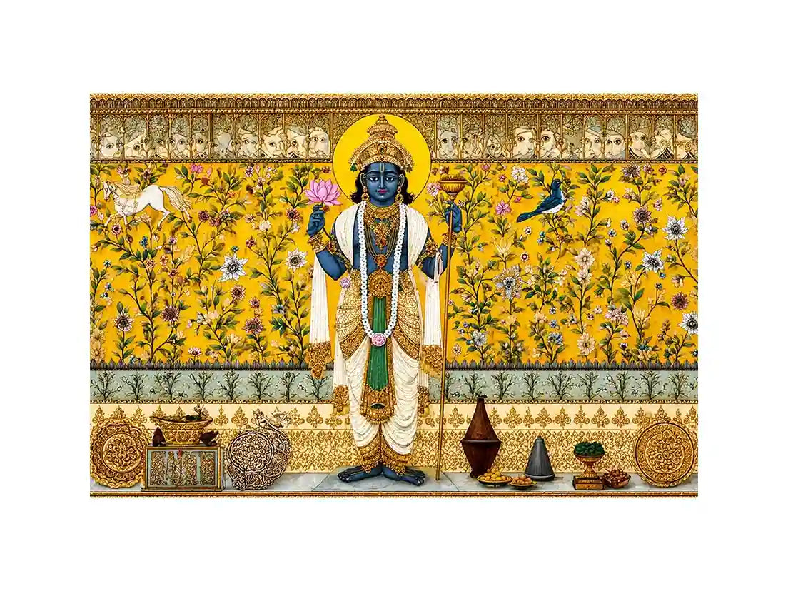 Traditional Hindu deity Canvas Print with lotus and floral gold detailing