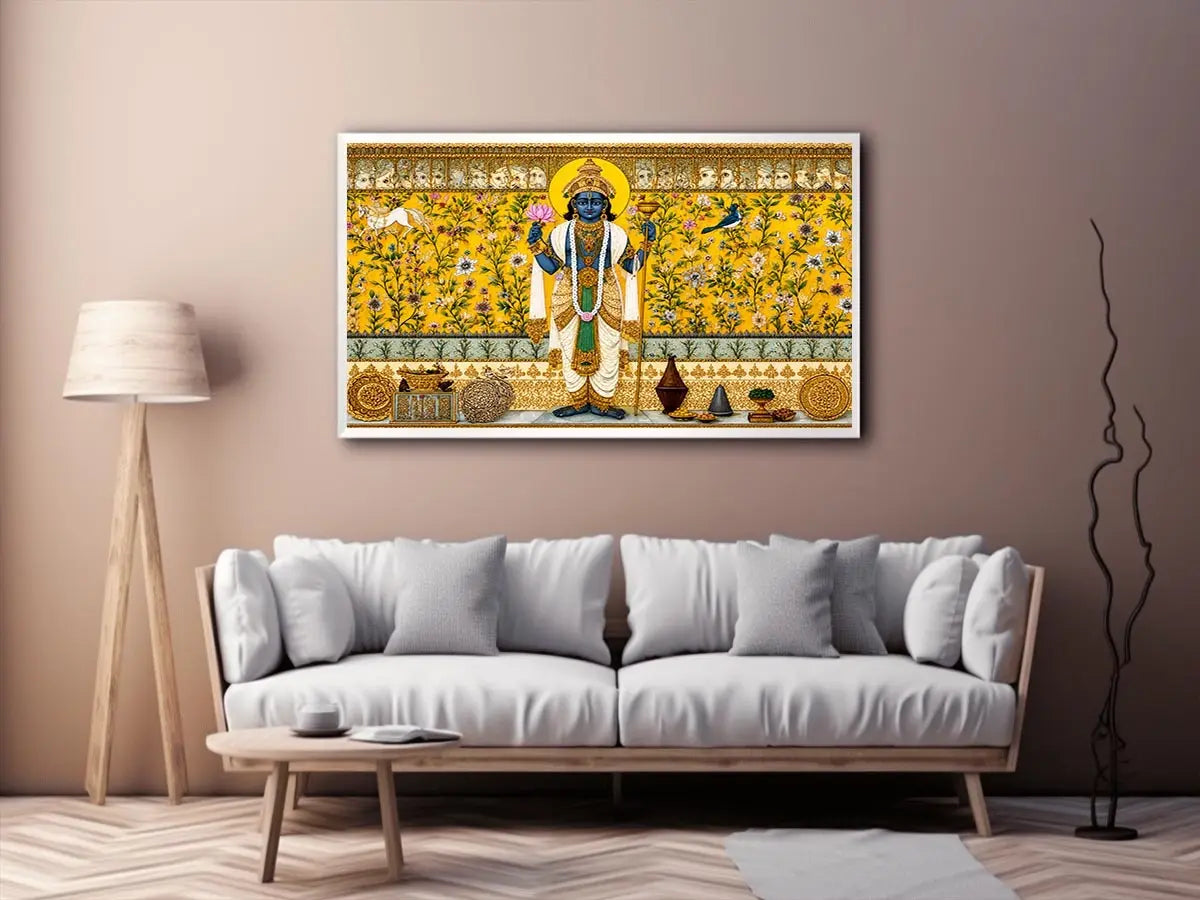 Traditional Hindu deity Canvas Print with lotus and floral gold detailing