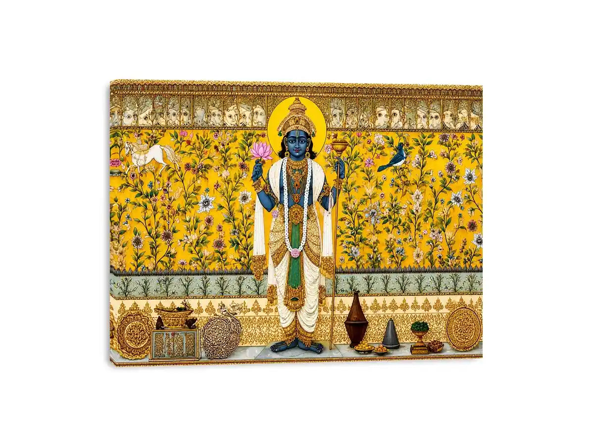 Traditional Hindu deity Canvas Print with lotus and floral gold detailing