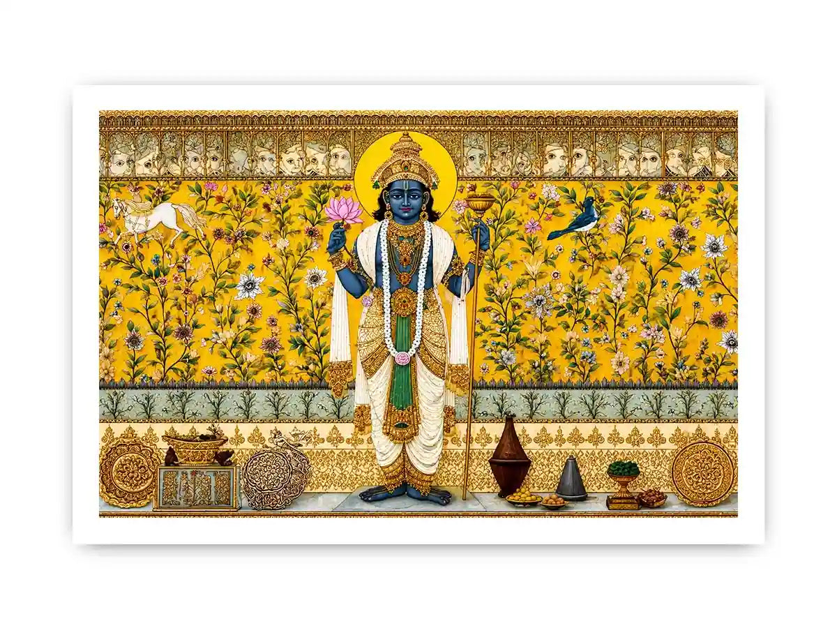 Traditional Hindu deity Canvas Print with lotus and floral gold detailing