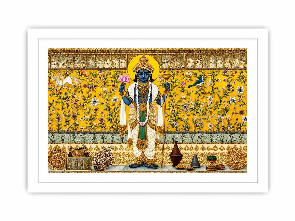 Traditional Hindu deity Canvas Print with lotus and floral gold detailing