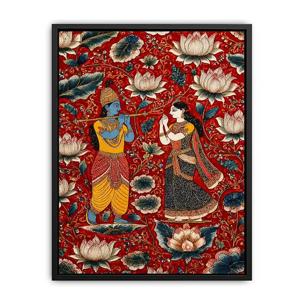 Krishna Radha Canvas Print with floral lotus background in rich red and gold tones