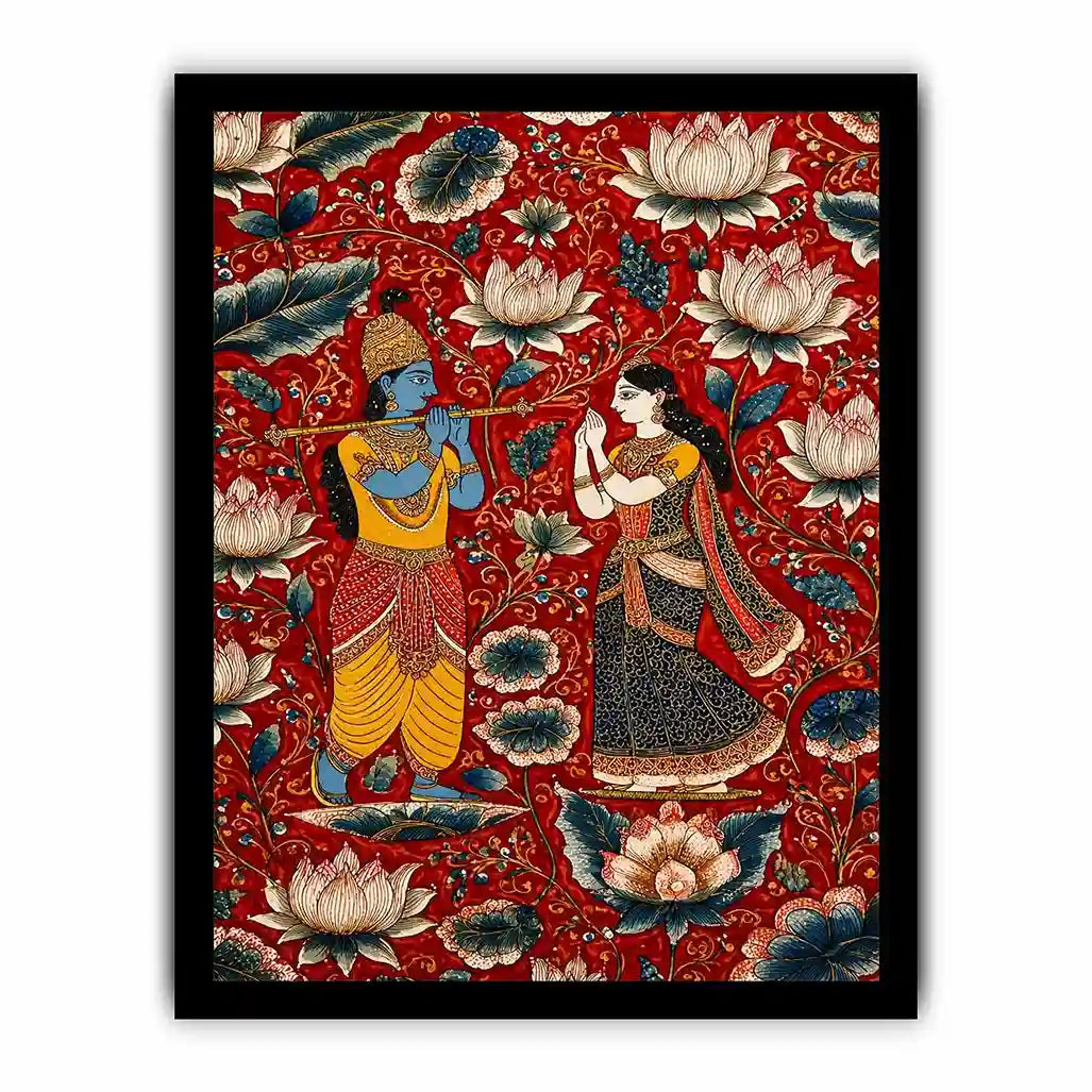 Krishna Radha Canvas Print with floral lotus background in rich red and gold tones