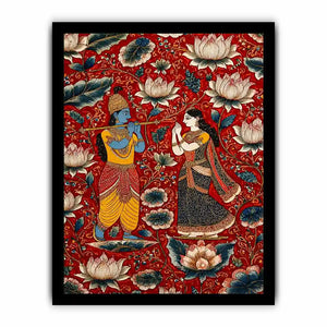 Krishna Radha Canvas Print with floral lotus background in rich red and gold tones