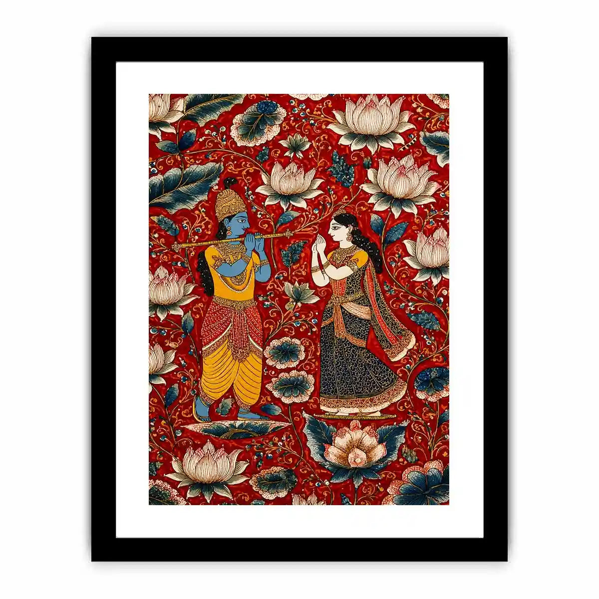 Krishna Radha Canvas Print with floral lotus background in rich red and gold tones