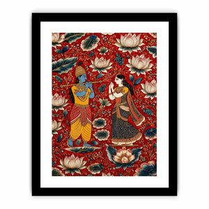 Krishna Radha Canvas Print with floral lotus background in rich red and gold tones