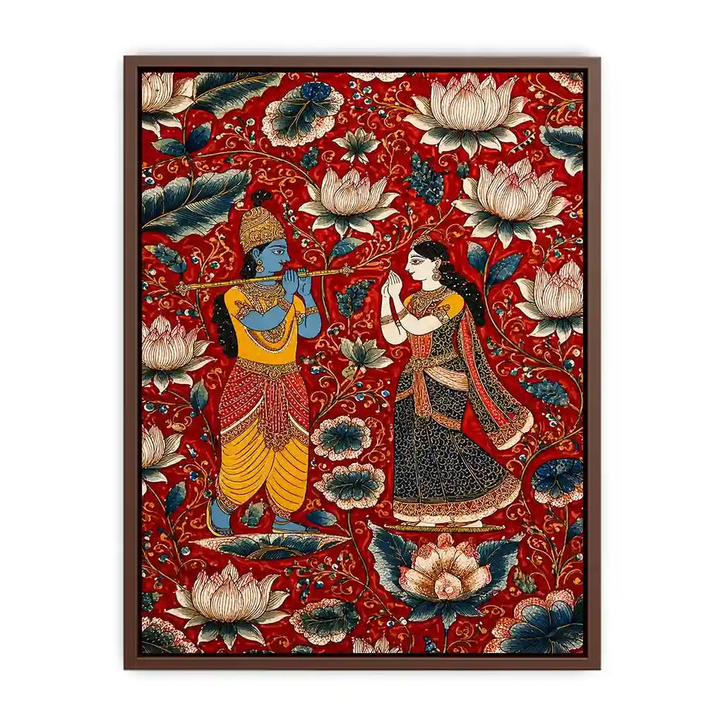 Krishna Radha Canvas Print with floral lotus background in rich red and gold tones