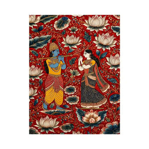 Krishna Radha Canvas Print with floral lotus background in rich red and gold tones
