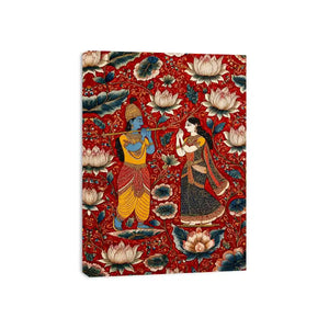Krishna Radha Canvas Print with floral lotus background in rich red and gold tones