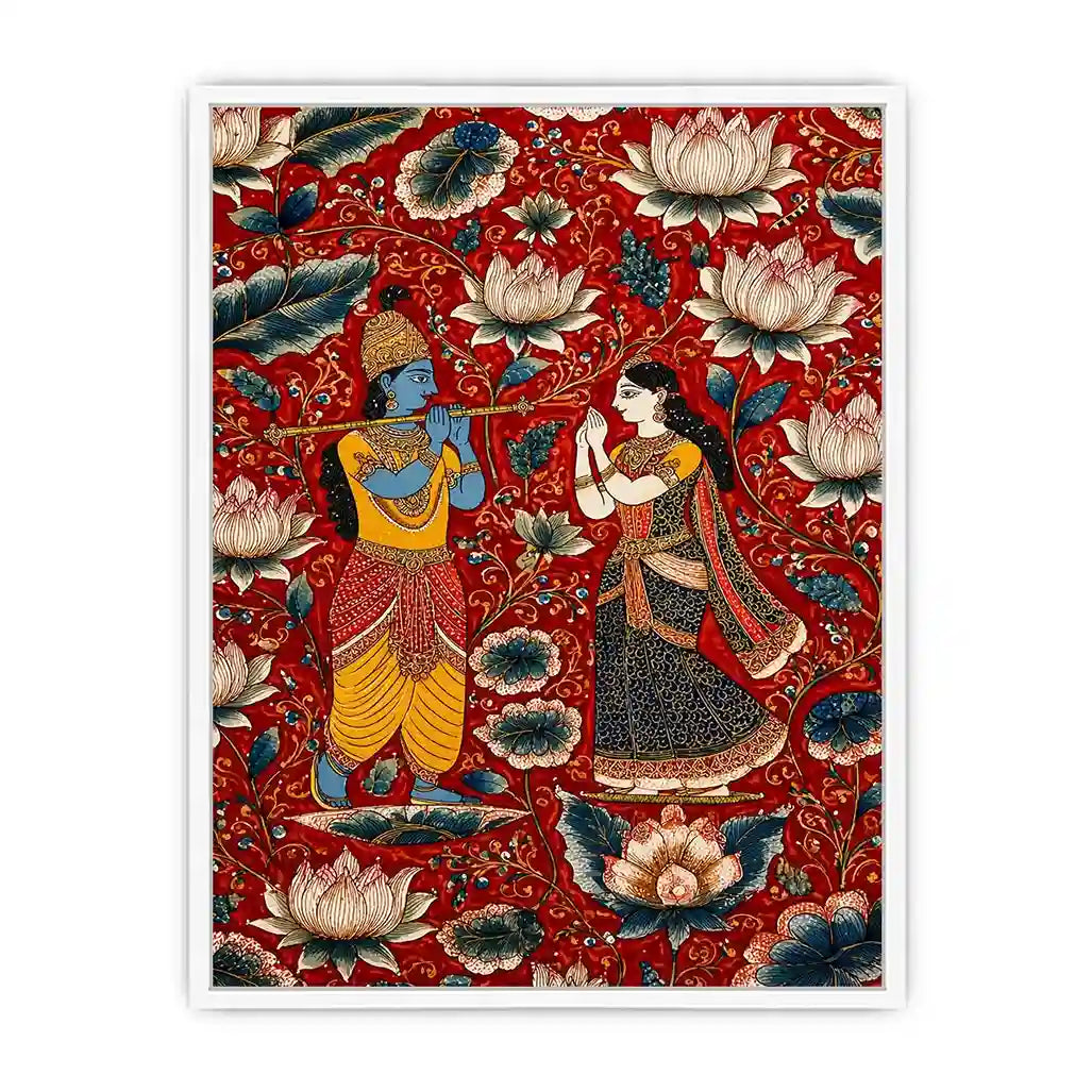 Krishna Radha Canvas Print with floral lotus background in rich red and gold tones