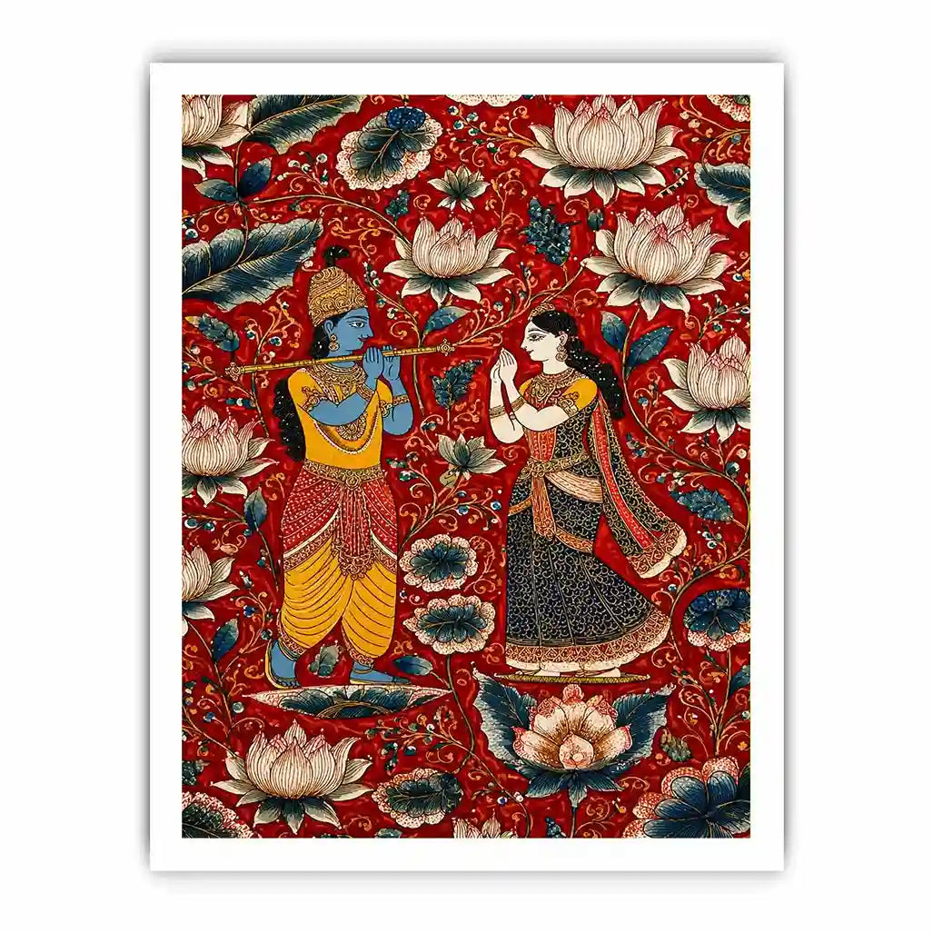 Krishna Radha Canvas Print with floral lotus background in rich red and gold tones