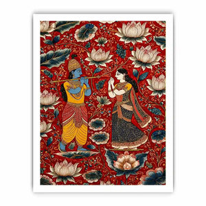 Krishna Radha Canvas Print with floral lotus background in rich red and gold tones