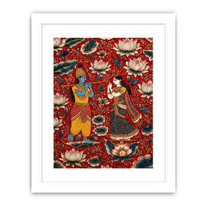 Krishna Radha Canvas Print with floral lotus background in rich red and gold tones