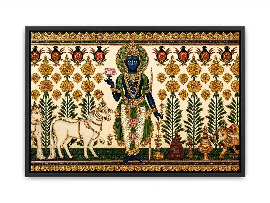 Traditional Krishna cow Canvas Print with floral gold detailing in green and white tones