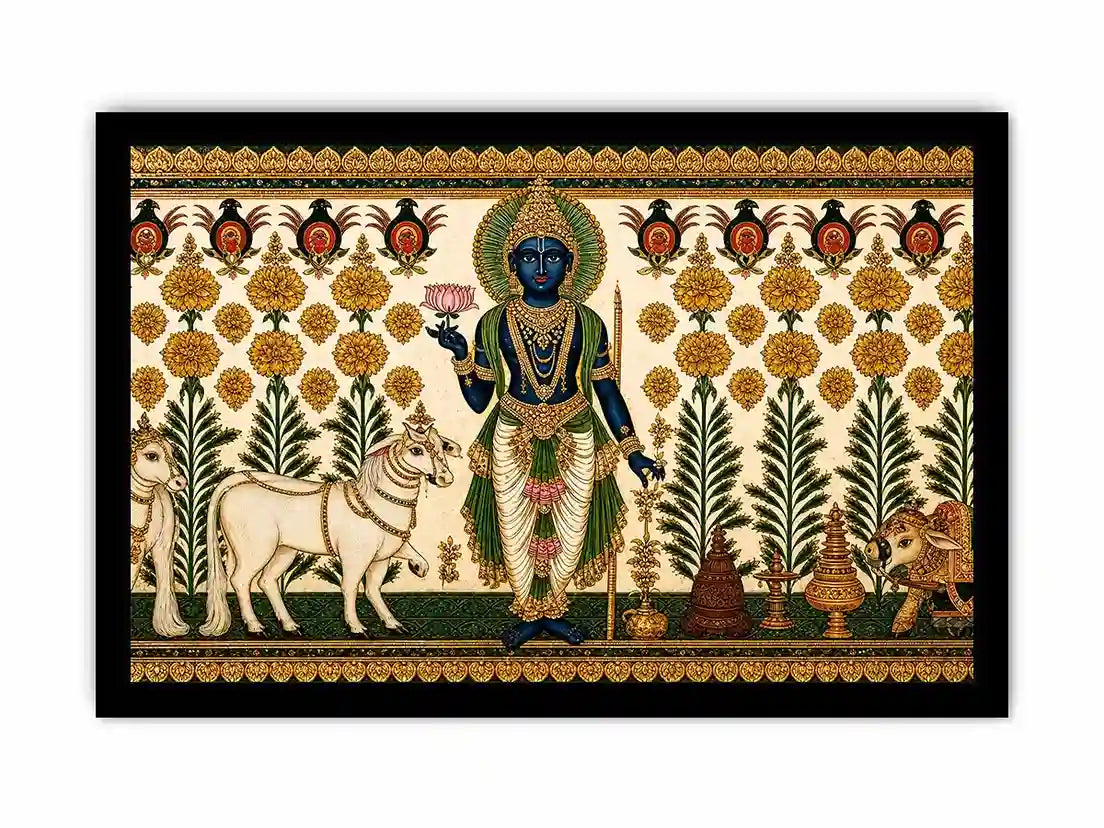 Traditional Krishna cow Canvas Print with floral gold detailing in green and white tones