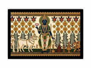 Traditional Krishna cow Canvas Print with floral gold detailing in green and white tones