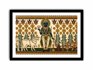 Traditional Krishna cow Canvas Print with floral gold detailing in green and white tones