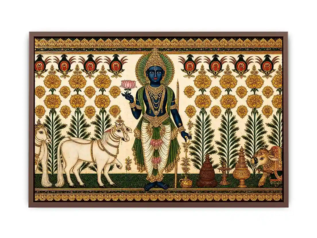 Traditional Krishna cow Canvas Print with floral gold detailing in green and white tones