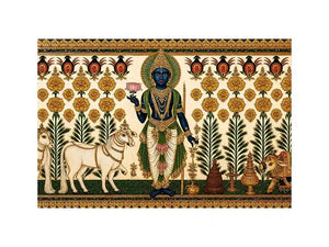 Traditional Krishna cow Canvas Print with floral gold detailing in green and white tones
